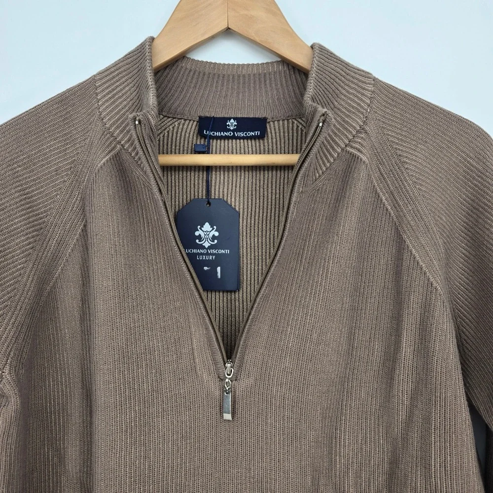 NWT Luchiano Visconti Mens S Taupe Brown Knit Sweater 1/4 Zip Quiet Luxury